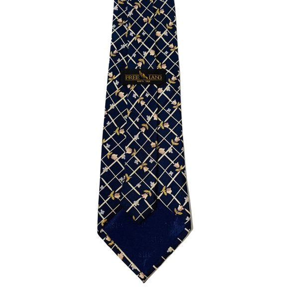 FREE LAND Dark Blue Checked & Floral Print 100% Silk Tie | 57" | Vintage, Men's - Picture 5 of 6